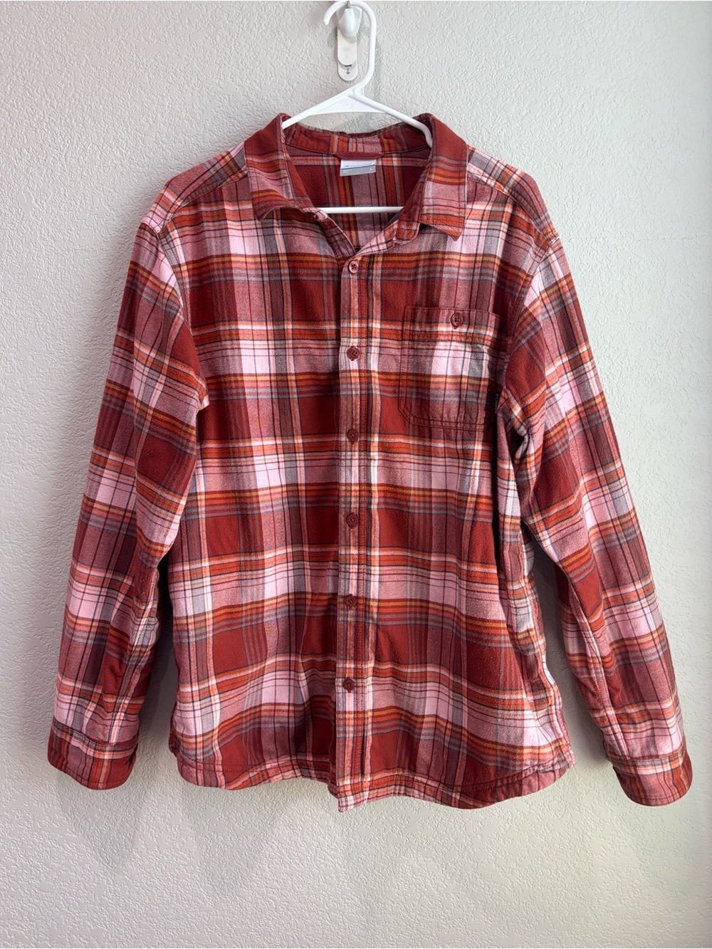 Men’s Columbia Flannel Lined Button Down Shirt Red Rust Plaid Size Large